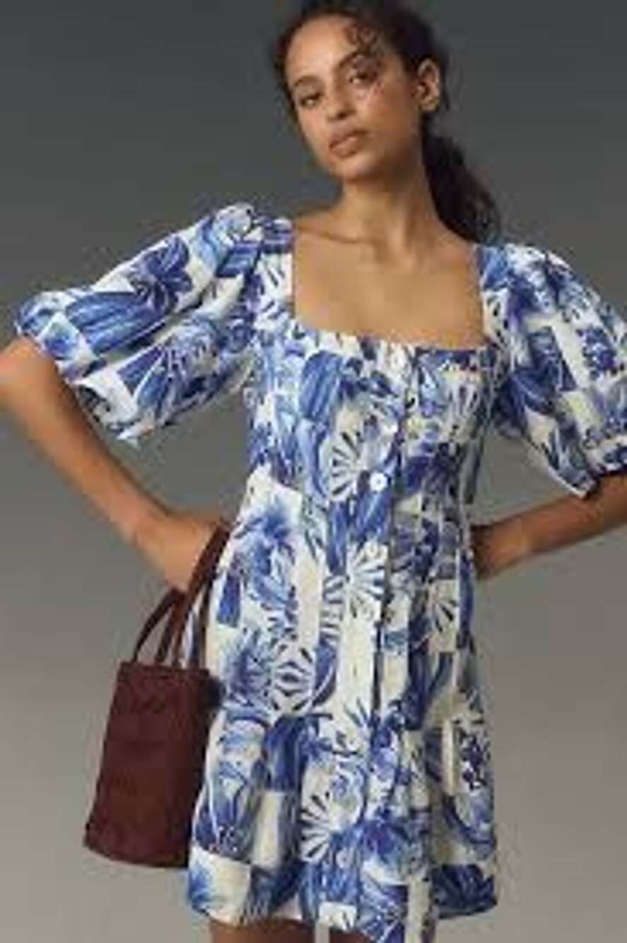 Farm Rio Blue White Floral Mini Dress Puff Sleeve Button Front XXS
